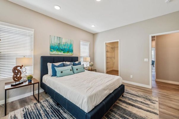 Bedroom, Interior, Recessed Lighting, Wood Texture Flooring