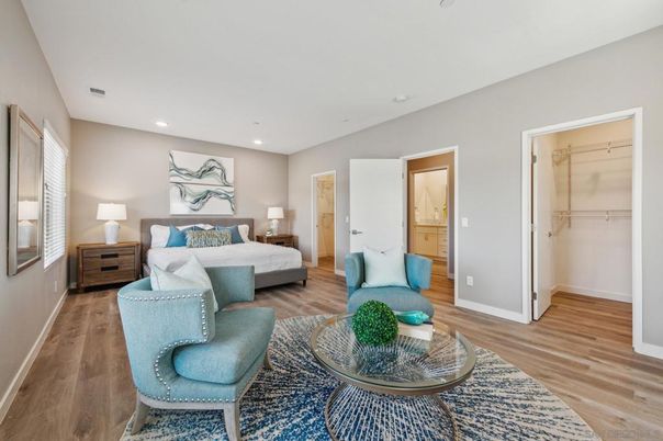 Bedroom, Interior, Living room, Recessed Lighting, Wood Texture Flooring