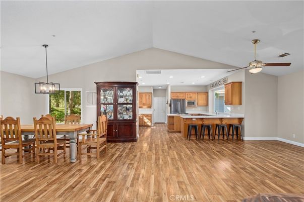Dining room, Interior, Kitchen, Pendant Lights, Recessed Lighting, Wood Texture Flooring