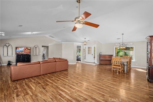 Dining room, Interior, Living room, Pendant Lights, Recessed Lighting, Wood Texture Flooring
