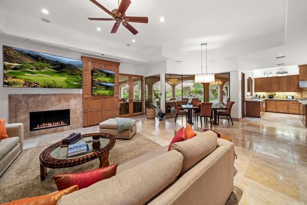 Dining room, Fireplace, Interior, Kitchen, Living room, Pendant Lights, Recessed Lighting
