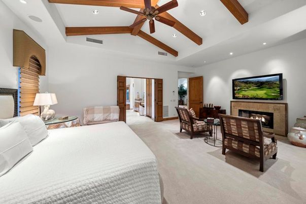 Bedroom, Fireplace, Interior, Recessed Lighting, Wooden Beams