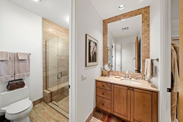 Bathroom, Glass Shower, Interior, Recessed Lighting, Wood Texture Flooring