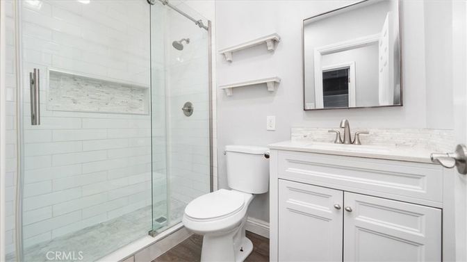 Bathroom, Glass Shower, Interior, Wood Texture Flooring