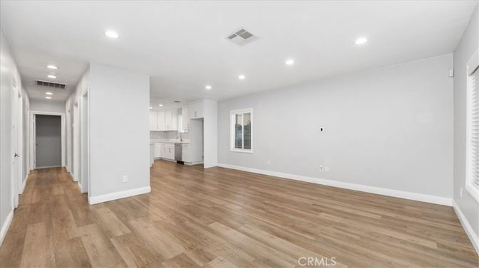Empty room, Interior, Kitchen, Recessed Lighting, Wood Texture Flooring