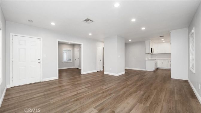 Empty room, Interior, Kitchen, Recessed Lighting, Wood Texture Flooring