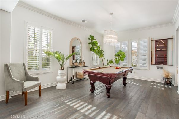 Billiard Table, Chandelier, Game Room, Interior, Wood Texture Flooring