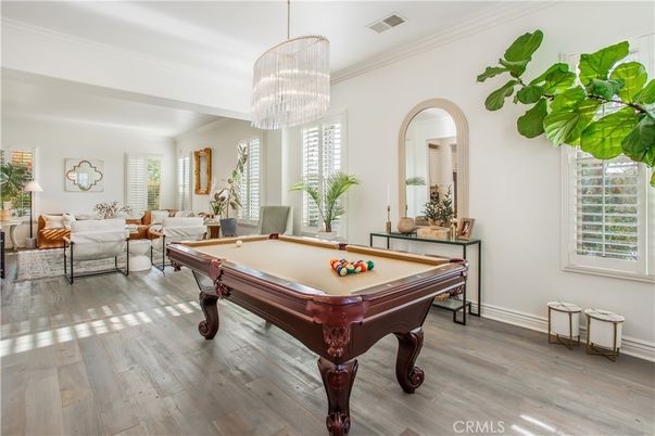 Billiard Table, Chandelier, Game Room, Interior, Living room, Wood Texture Flooring