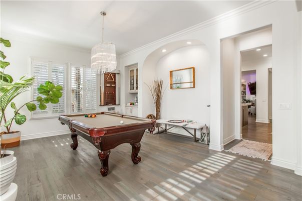 Billiard Table, Chandelier, Game Room, Interior, Recessed Lighting, Wood Texture Flooring