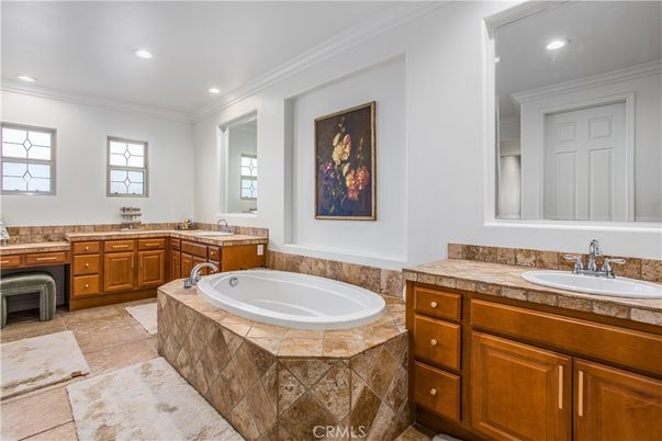 Bathroom, Dual Sink Vanities, Interior, Recessed Lighting, Tile Countertops