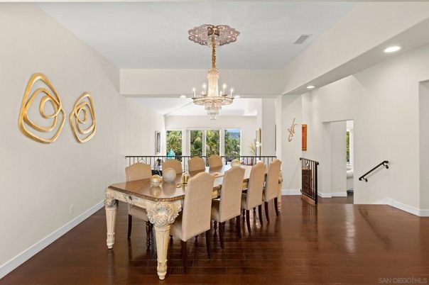Chandelier, Dining room, Interior, Recessed Lighting, Wood Texture Flooring