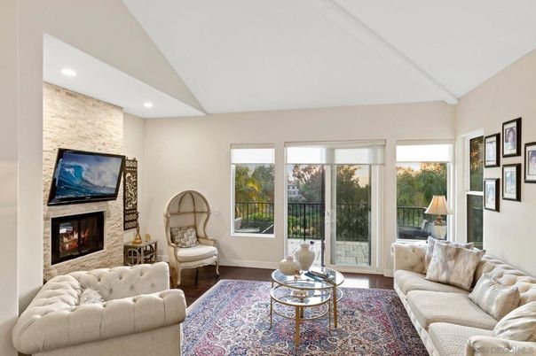 Fireplace, Interior, Living room, Recessed Lighting, Stone Walls, Wood Texture Flooring