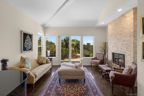 Fireplace, Interior, Living room, Recessed Lighting, Stone Walls, Wood Texture Flooring