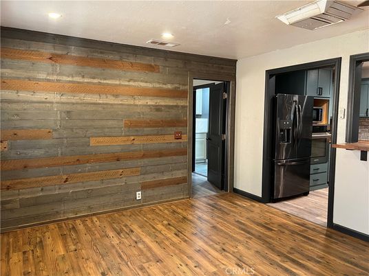 Empty room, Interior, Kitchen, Recessed Lighting, Wood Texture Flooring, Wooden Walls