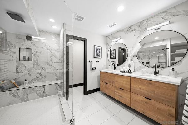 Bathroom, Dual Sink Vanities, Glass Shower, Interior, Marble Walls, Recessed Lighting