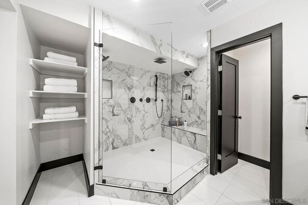Bathroom, Glass Shower, Interior, Marble Walls, Recessed Lighting