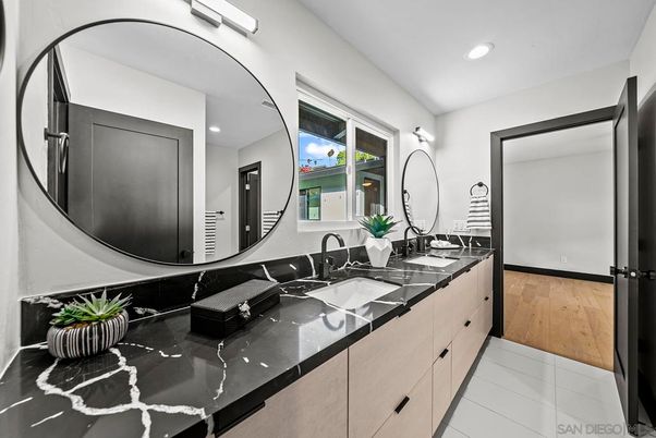 Bathroom, Dual Sink Vanities, Interior, Recessed Lighting, Wood Texture Flooring