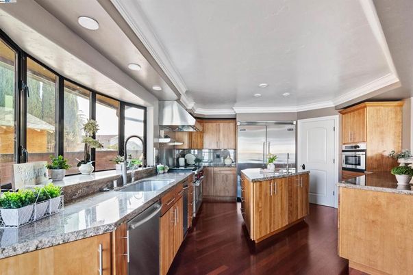 Interior, Kitchen, Recessed Lighting, Stainless Steel Appliances, Wood Texture Flooring