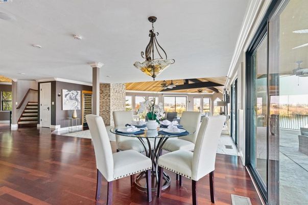 Dining room, Interior, Pendant Lights, Recessed Lighting, Wood Texture Flooring