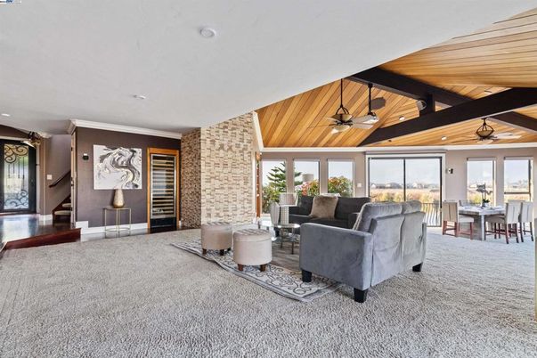 Dining room, Interior, Living room, Recessed Lighting, Stone Walls, Wooden Beams, Wooden Ceilings