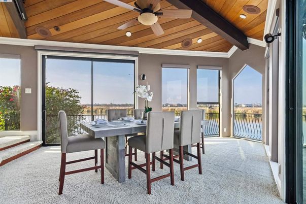 Dining room, Interior, Recessed Lighting, Water, Wooden Beams, Wooden Ceilings