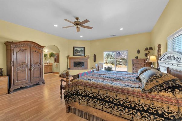Bedroom, Fireplace, Interior, Recessed Lighting, Wood Texture Flooring