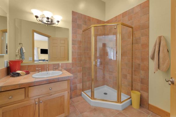Bathroom, Glass Shower, Interior, Stone Walls, Tile Countertops