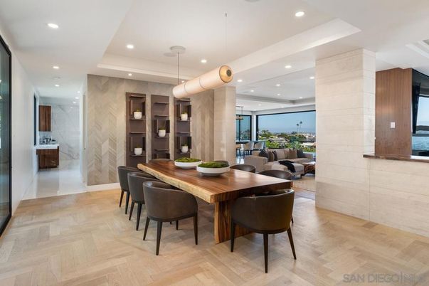 Dining room, Interior, Pendant Lights, Recessed Lighting, Wood Texture Flooring