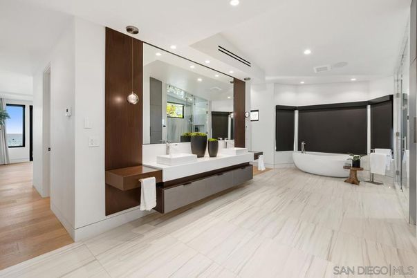 Bathroom, Dual Sink Vanities, Free Standing Baths, Interior, Recessed Lighting, Wood Texture Flooring