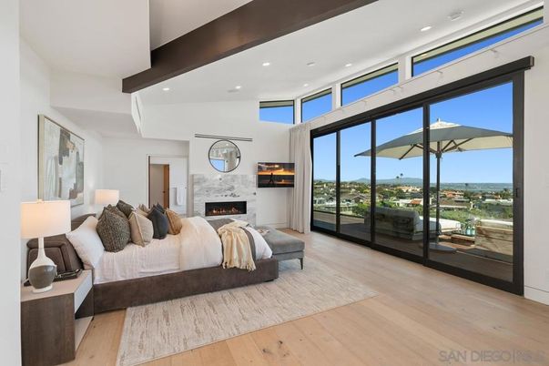 Bedroom, Fireplace, Interior, Recessed Lighting, Wooden Beams, Wood Texture Flooring