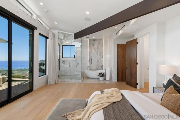 Bathroom, Bedroom, Glass Shower, Interior, Marble Walls, Recessed Lighting, Water, Wood Texture Flooring