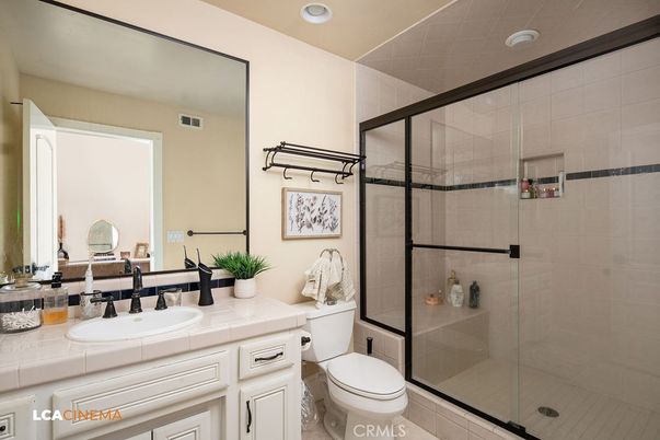 Bathroom, Glass Shower, Interior, Recessed Lighting, Tile Countertops