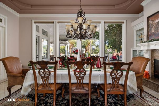 Chandelier, Dining room, Fireplace, Interior