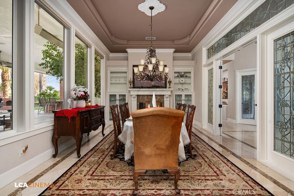 Chandelier, Dining room, Fireplace, Interior