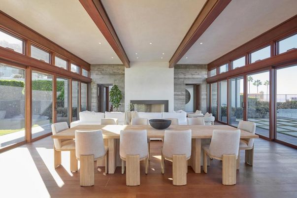 Dining room, Fireplace, Interior, Recessed Lighting, Stone Walls, Wooden Beams, Wood Texture Flooring