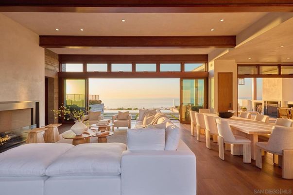 Dining room, Fireplace, Interior, Living room, Recessed Lighting, Water, Wooden Beams, Wood Texture Flooring