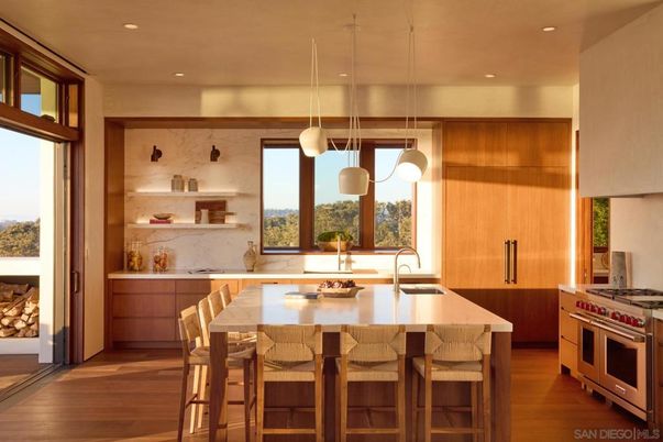 Interior, Kitchen, Marble Walls, Pendant Lights, Recessed Lighting, Stainless Steel Appliances, Wood Texture Flooring