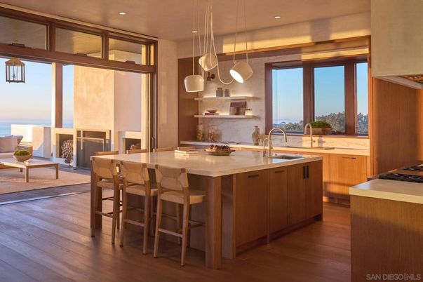 Interior, Kitchen, Pendant Lights, Recessed Lighting, Stainless Steel Appliances, Water, Wood Texture Flooring