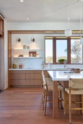 Interior, Kitchen, Marble Walls, Pendant Lights, Recessed Lighting, Wood Texture Flooring