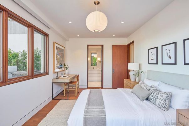 Bedroom, Interior, Pendant Lights, Recessed Lighting, Wood Texture Flooring