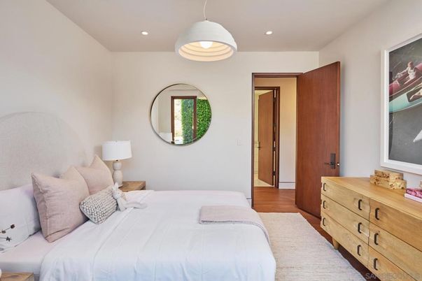 Bedroom, Interior, Pendant Lights, Recessed Lighting, Wood Texture Flooring