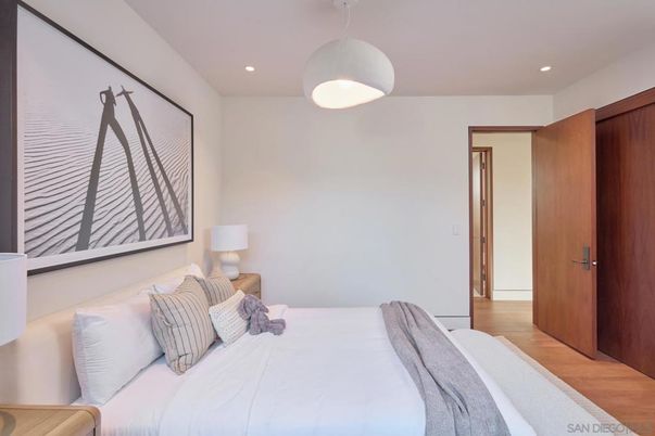 Bedroom, Interior, Pendant Lights, Recessed Lighting, Wood Texture Flooring
