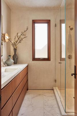 Bathroom, Dual Sink Vanities, Glass Shower, Interior, Marble