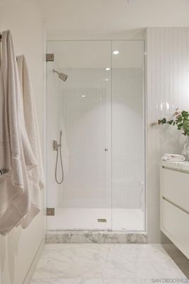 Bathroom, Glass Shower, Interior, Marble, Recessed Lighting