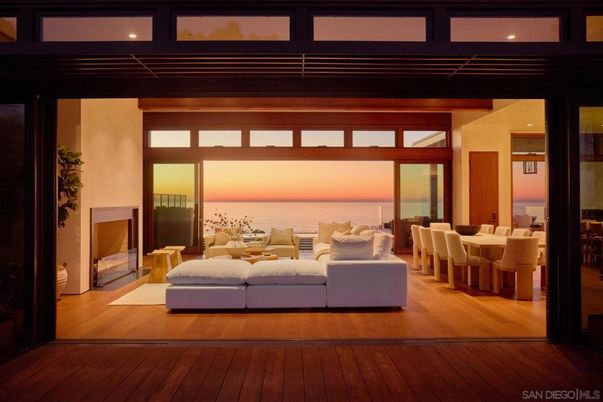 Dining room, Fireplace, Interior, Living room, Recessed Lighting, Water, Wood Texture Flooring
