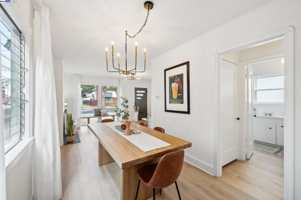 Dining room, Interior, Pendant Lights, Wood Texture Flooring