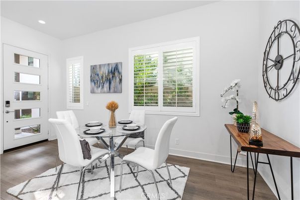 Dining room, Interior, Recessed Lighting, Wood Texture Flooring