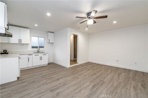 Empty room, Interior, Kitchen, Recessed Lighting, Wood Texture Flooring