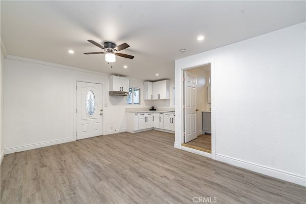 Empty room, Interior, Kitchen, Recessed Lighting, Wood Texture Flooring