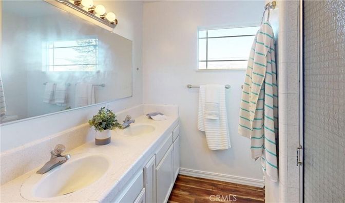 Bathroom, Dual Sink Vanities, Interior, Tile Countertops, Wood Texture Flooring
